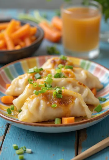 子供向けに盛り付けられた人参餃子、きつね色の底、醤油添え