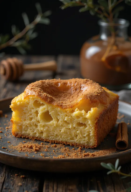 盛り付けられたシナモンと蜂蜜のケーキ