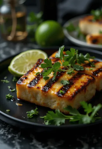 生姜風味の豆腐のグリル、ごまとパクチーを散らして