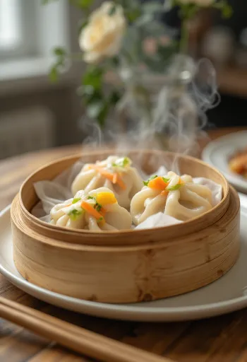 蒸して盛り付けられた野菜入りのモモ