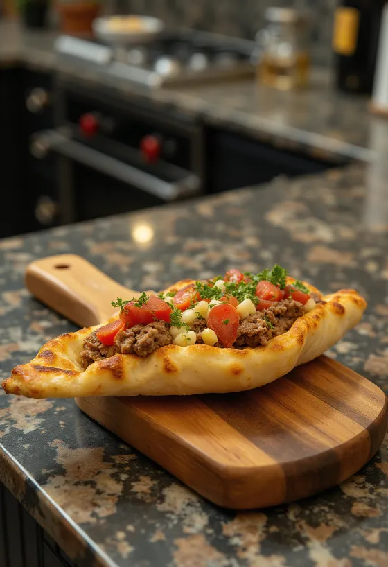 ひき肉とチーズを詰めてカリカリに焼いたトルコのフラットブレッド「ピデ」、サラダ添え