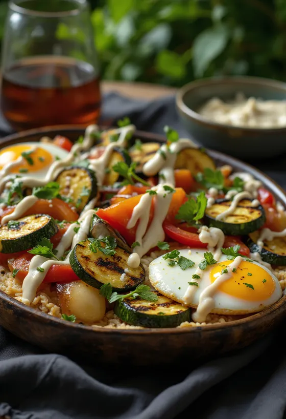 パセリを飾ったタヒニソースがけの焼き野菜