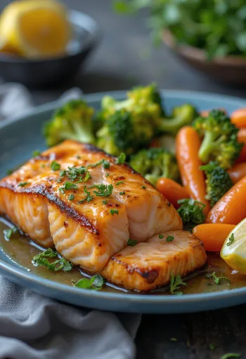 バター野菜を添えたサーモンのグリルの盛り付け