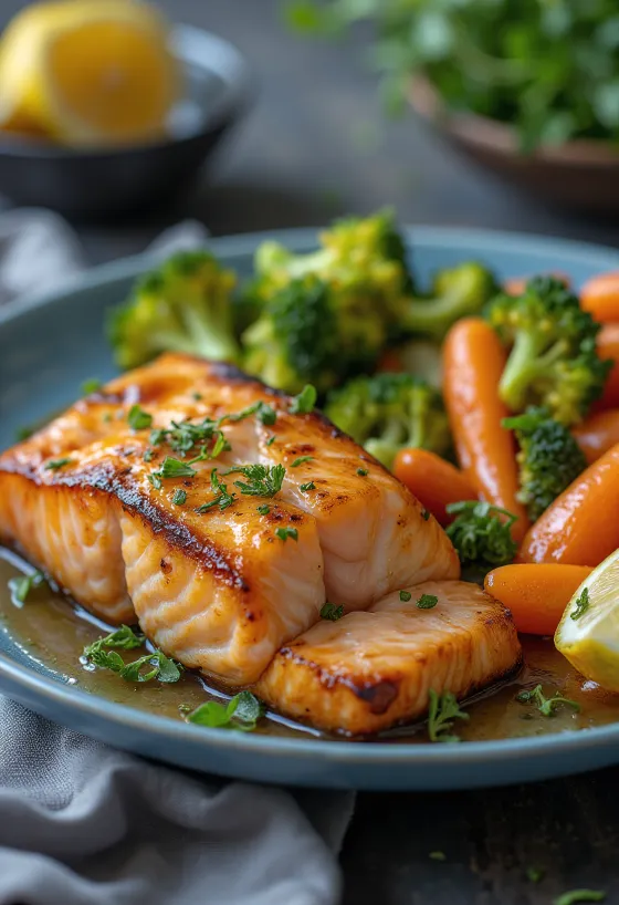 バター野菜を添えたサーモンのグリルの盛り付け