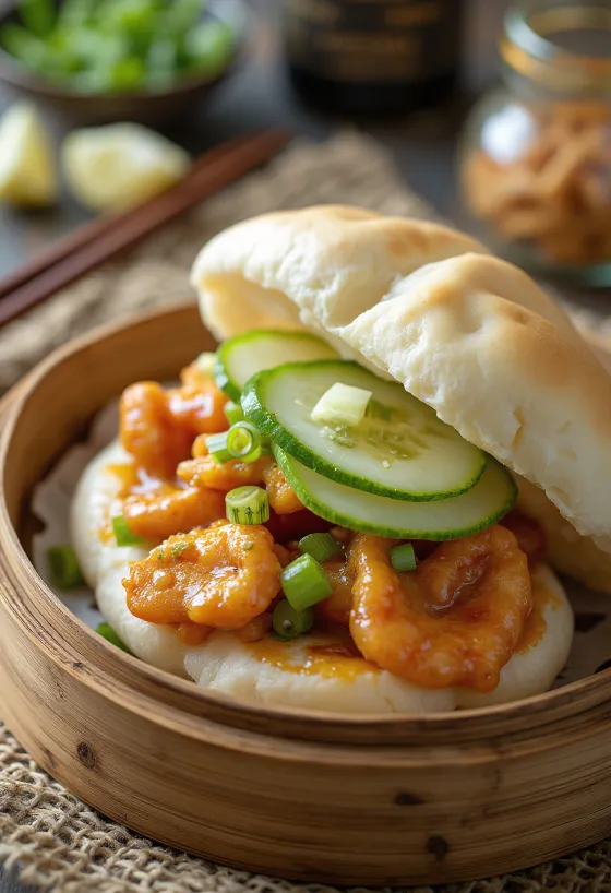 盛り付けられたスパイシーチキンのバオバンズ