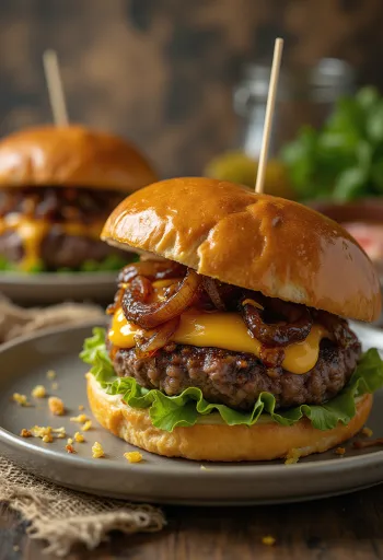 盛り付けられた飴色玉ねぎのバーガー