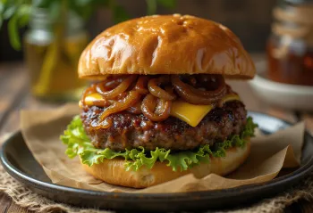 盛り付けられた飴色玉ねぎのバーガー