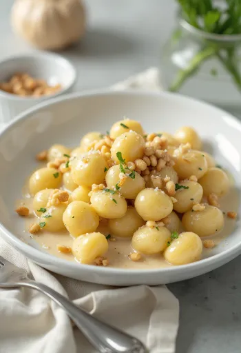 盛り付けられた松の実のニョッキ