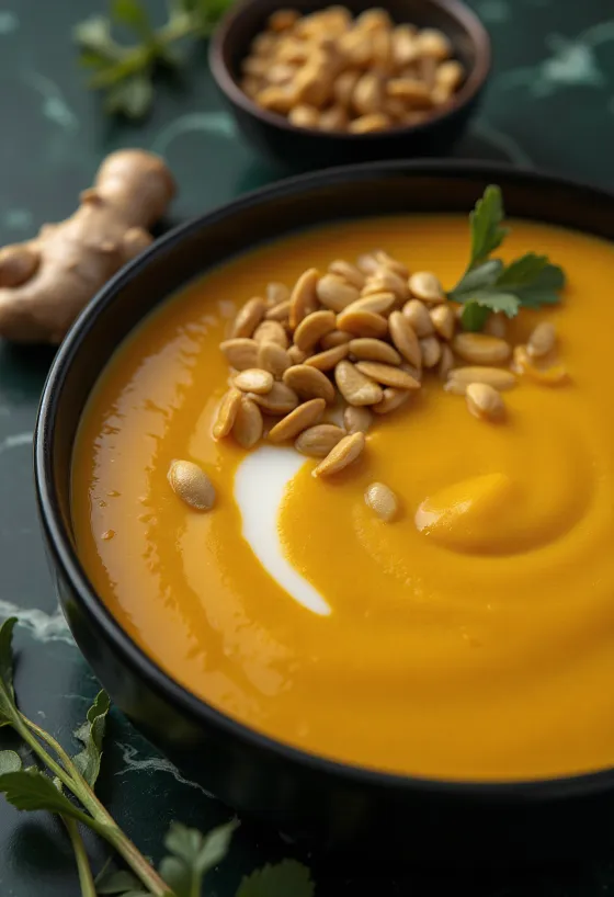 クリーミーな生姜風味のカボチャクリームスープの盛り付け