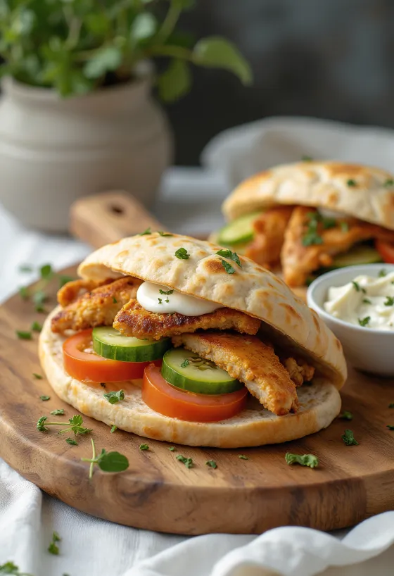 グリルチキンと新鮮野菜を詰めたピタサンド