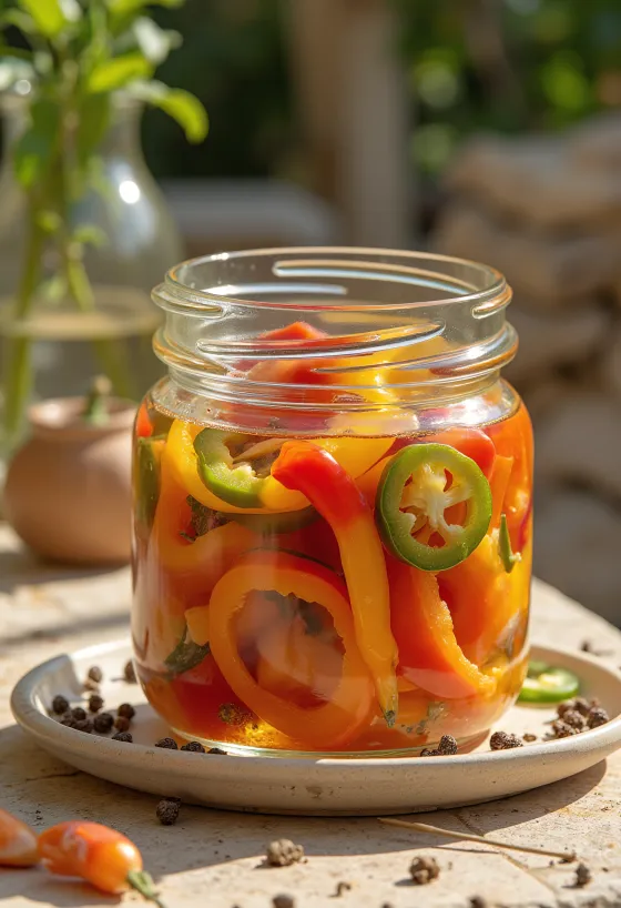 瓶に入ったスパイシーなパプリカの酢漬け