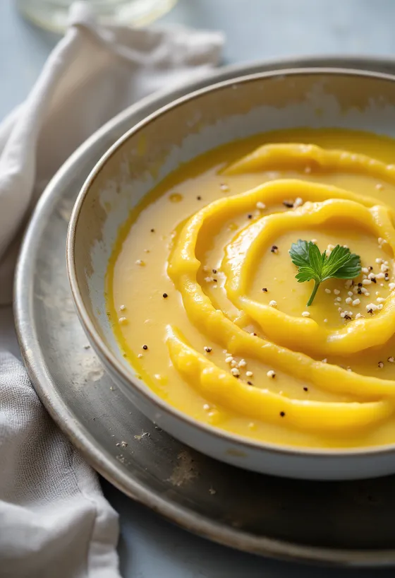 盛り付けられたカレー風味のオレンジクリームジンジャーソース