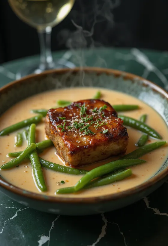 盛り付けられた燻製スペアリブとインゲンのシチュー