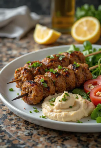 グリル野菜を添えたカフタの串焼き