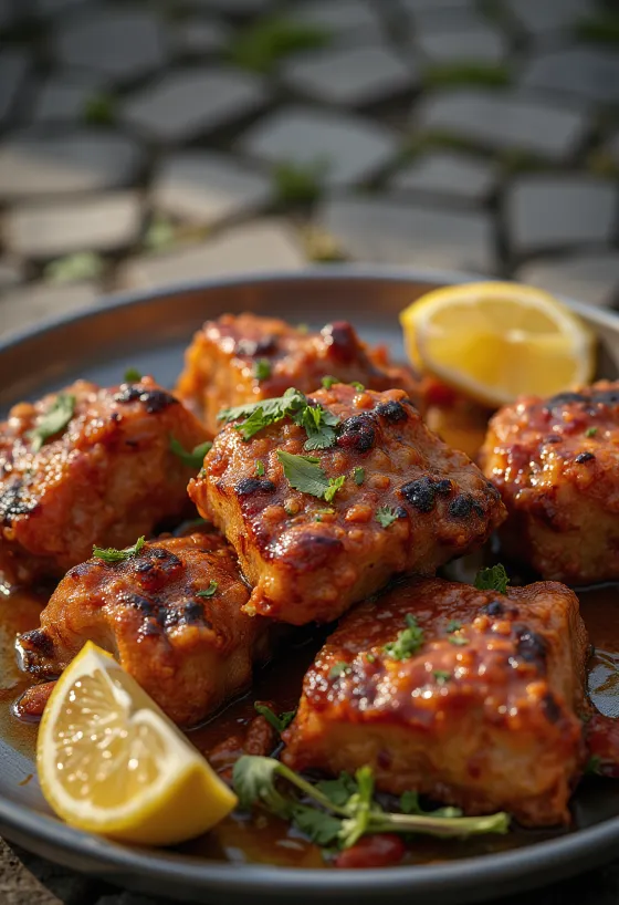 ナンと新鮮なパクチーを添えたヤギ肉のタンドリー。