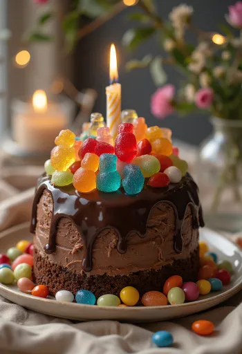 カラフルなキャンディーとビーズで飾られたキャンディーチョコレートケーキ