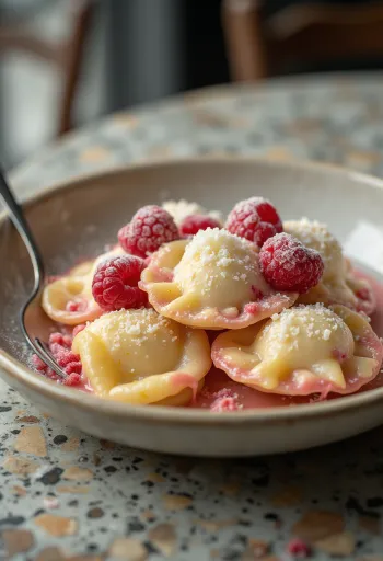盛り付けられたスイートラズベリークリームのラビオリ