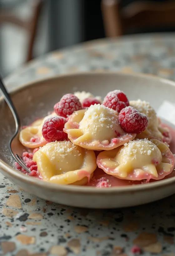 盛り付けられたスイートラズベリークリームのラビオリ