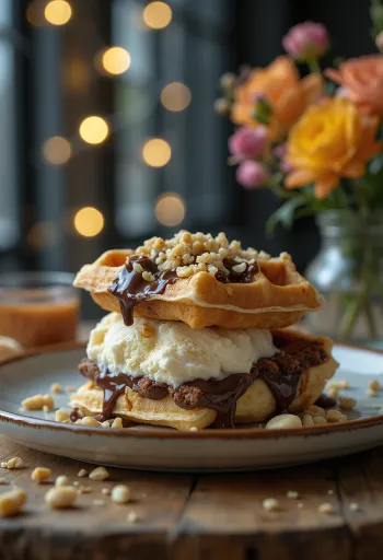 盛り付けられたアイスクリームサンドワッフル