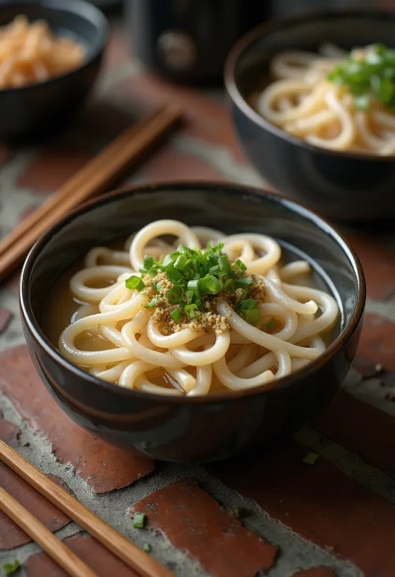きしめん、濃厚なだし汁、新鮮な青ネギといりごまを添えた平打ちうどん
