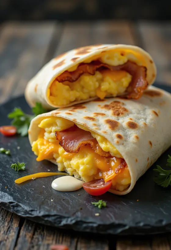 卵、ベーコン、サラダ、チーズをトルティーヤで巻き、斜めに半分に切った朝食ラップ