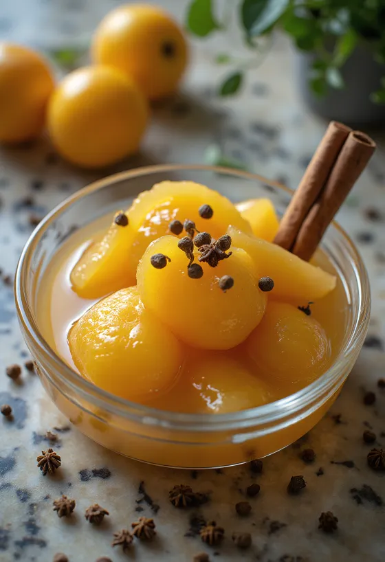 シナモンとクローブで風味付けしたマルメロのコンポート