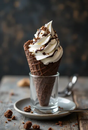チョコレートアイスとブラウニーを添えたコルネット・ブラウニー・アイスクリームコーン