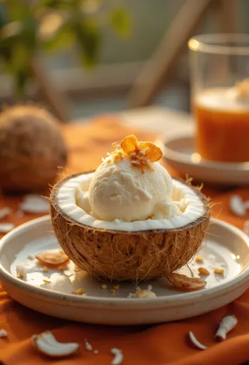 盛り付けられたココナッツアイスクリーム