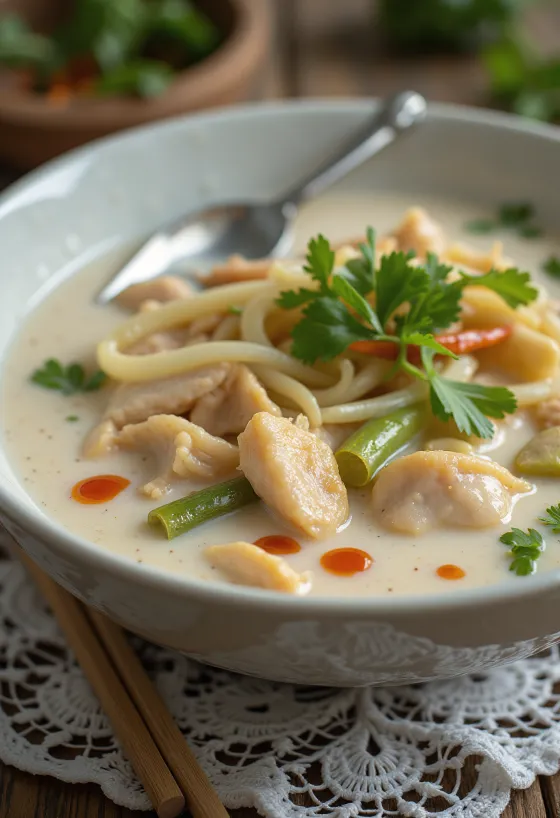 鶏むね肉のココナッツミルク煮、新鮮なパクチーとジャスミンライス添え