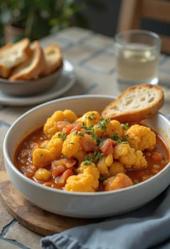 スパイスの効いたカリフラワーのプルクルト、ジューシーなトマトベース、新鮮なパセリ添え。