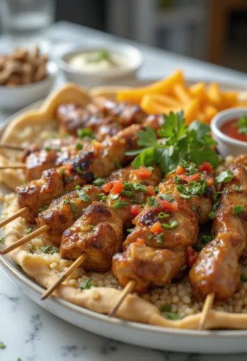 グリルした肉串、フムス、ヨーグルトソースのケバブテイスティングメニュー