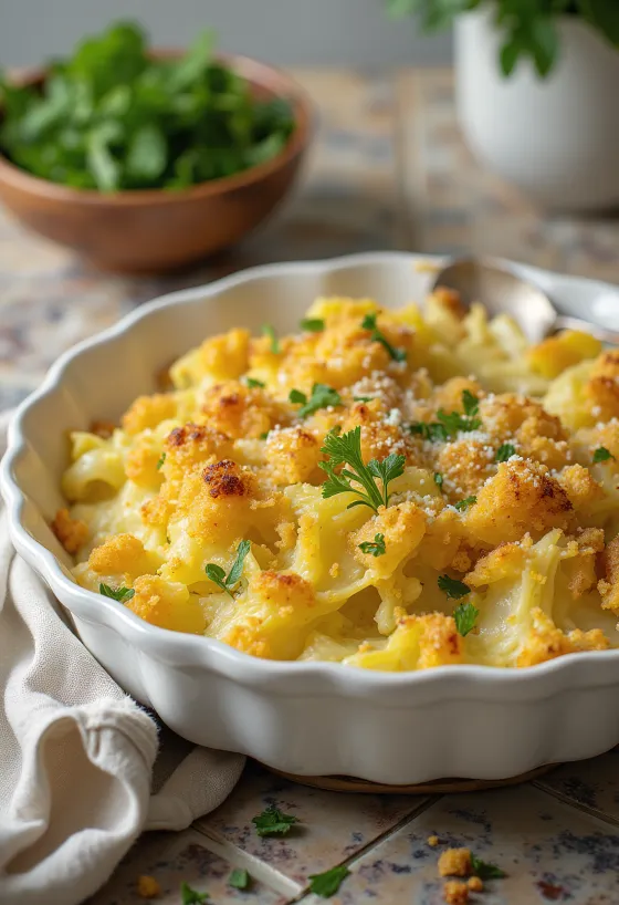 盛り付けられたヴィーガン・サボイキャベツのグラタン