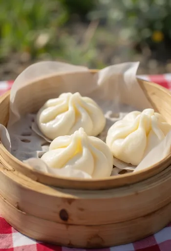 白い皿に盛られたクラシックな蒸しバオ、シンプルな盛り付け