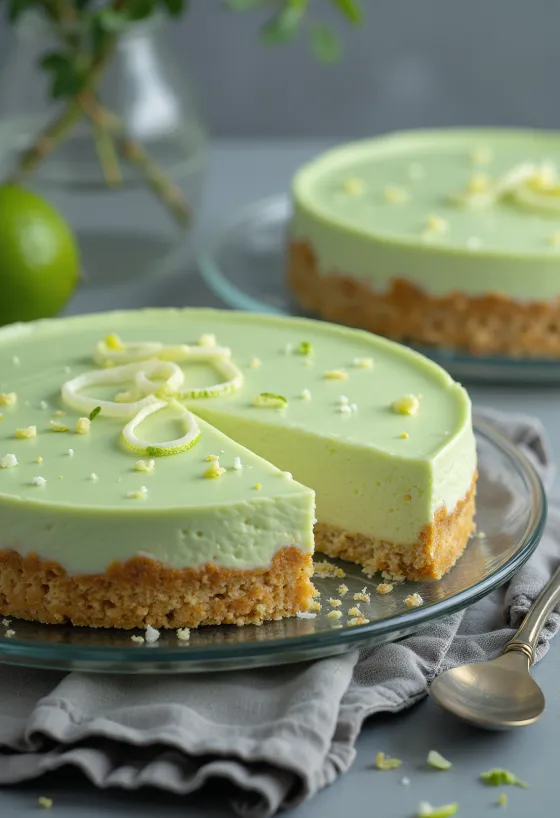 スライスして盛り付けられたライムチーズケーキ