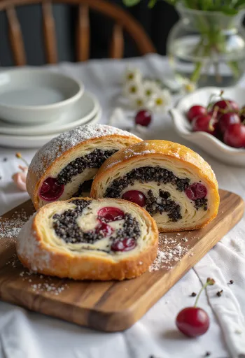 盛り付けられた芥子とサワーチェリーのシュトーレンのスライス