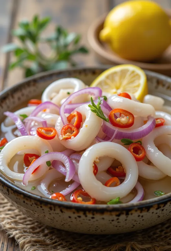 瓶に入ったピリ辛イカリングの酢漬け