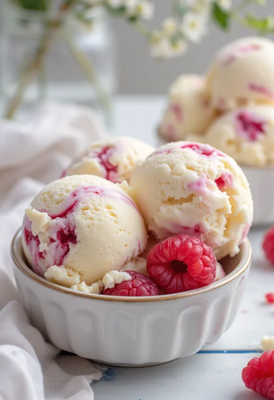盛り付けられたホワイトチョコとラズベリーのアイスクリーム